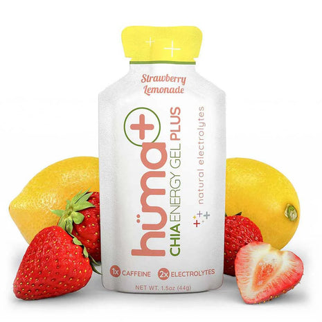 Chia Plus Energy Gel - Strawberry Lemonade by Huma in white and yellow, energy gel with double electrolytes and caffeine for endurance running and sports nutrition