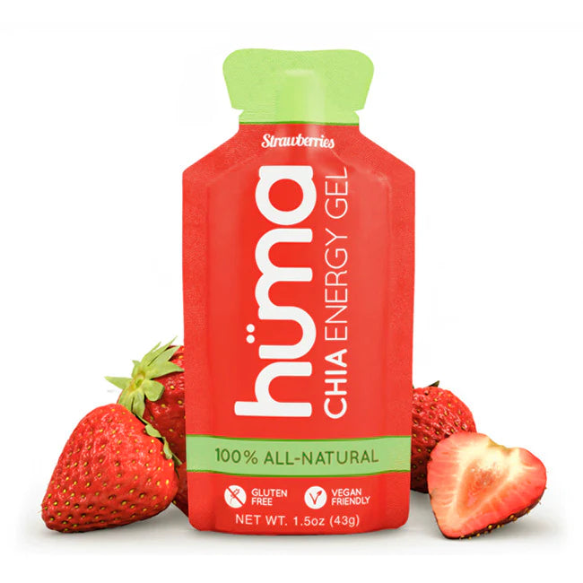 Chia Energy Gel - Strawberry by Huma in red and green pouch with real fruit puree, all-natural ingredients for running nutrition