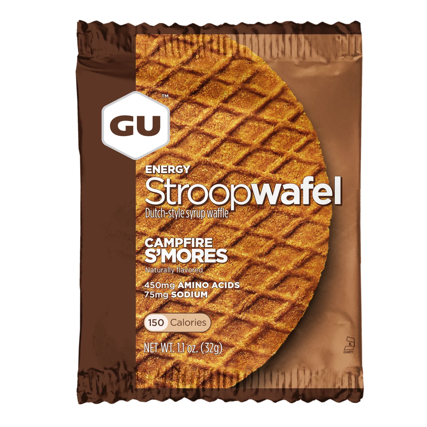 Energy Stroopwafel Campfire S'mores by GU Energy in brown packaging, syrup-filled wafer snack with amino acids for pre and during workouts