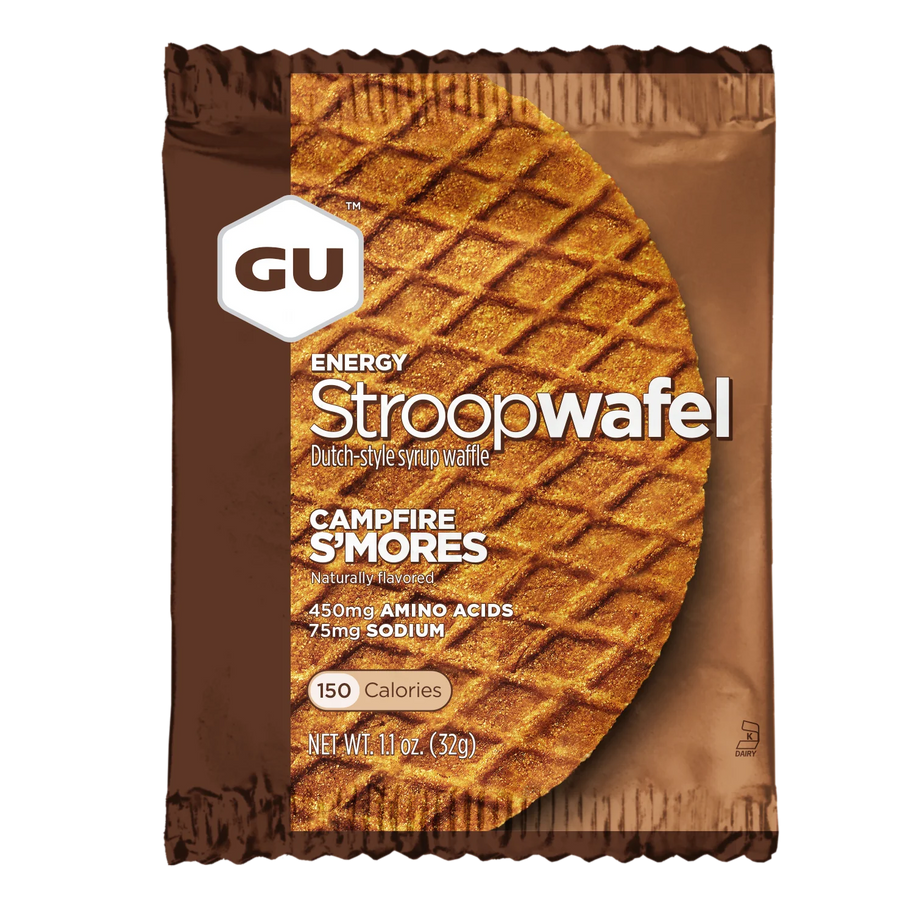 Energy Stroopwafel Campfire S'mores by GU Energy in brown packaging, syrup-filled wafer snack with amino acids for pre and during workouts