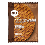 Energy Stroopwafel Campfire S'mores by GU Energy in brown packaging, syrup-filled wafer snack with amino acids for pre and during workouts