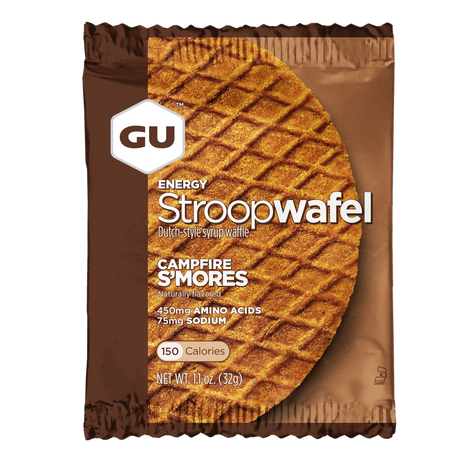 Energy Stroopwafel Campfire S'mores by GU Energy in brown packaging, syrup-filled wafer snack with amino acids for pre and during workouts
