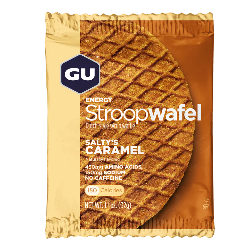 Energy Stroopwafel Salty’s Caramel by GU Energy in beige and caramel, syrup-filled wafer with amino acids for pre and during workout fuel