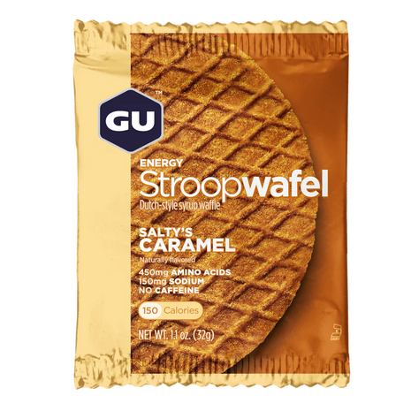 Energy Stroopwafel Salty’s Caramel by GU Energy in beige and caramel, syrup-filled wafer with amino acids for pre and during workout fuel