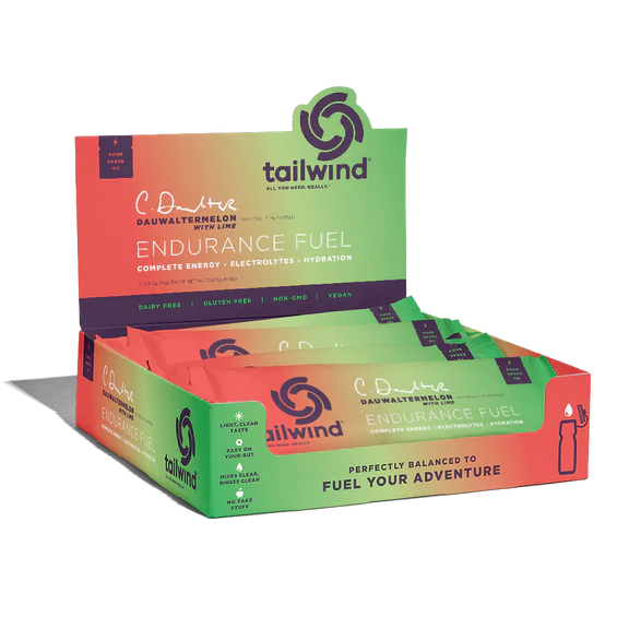 Endurance Fuel Non-Caffeinated Singles by Tailwind in green and orange, hydration and electrolyte nutrition for running and outdoor endurance