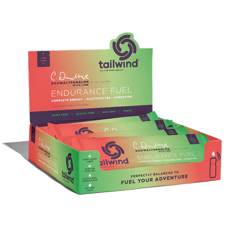 Endurance Fuel Non-Caffeinated Singles by Tailwind in green and orange, hydration and electrolyte nutrition for running and outdoor endurance
