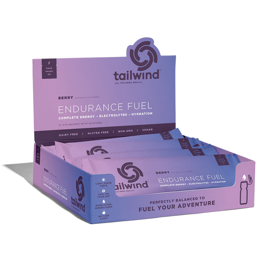 Endurance Fuel Non-Caffeinated Singles by Tailwind in purple berry flavor, hydration and electrolyte nutrition for running and outdoor endurance