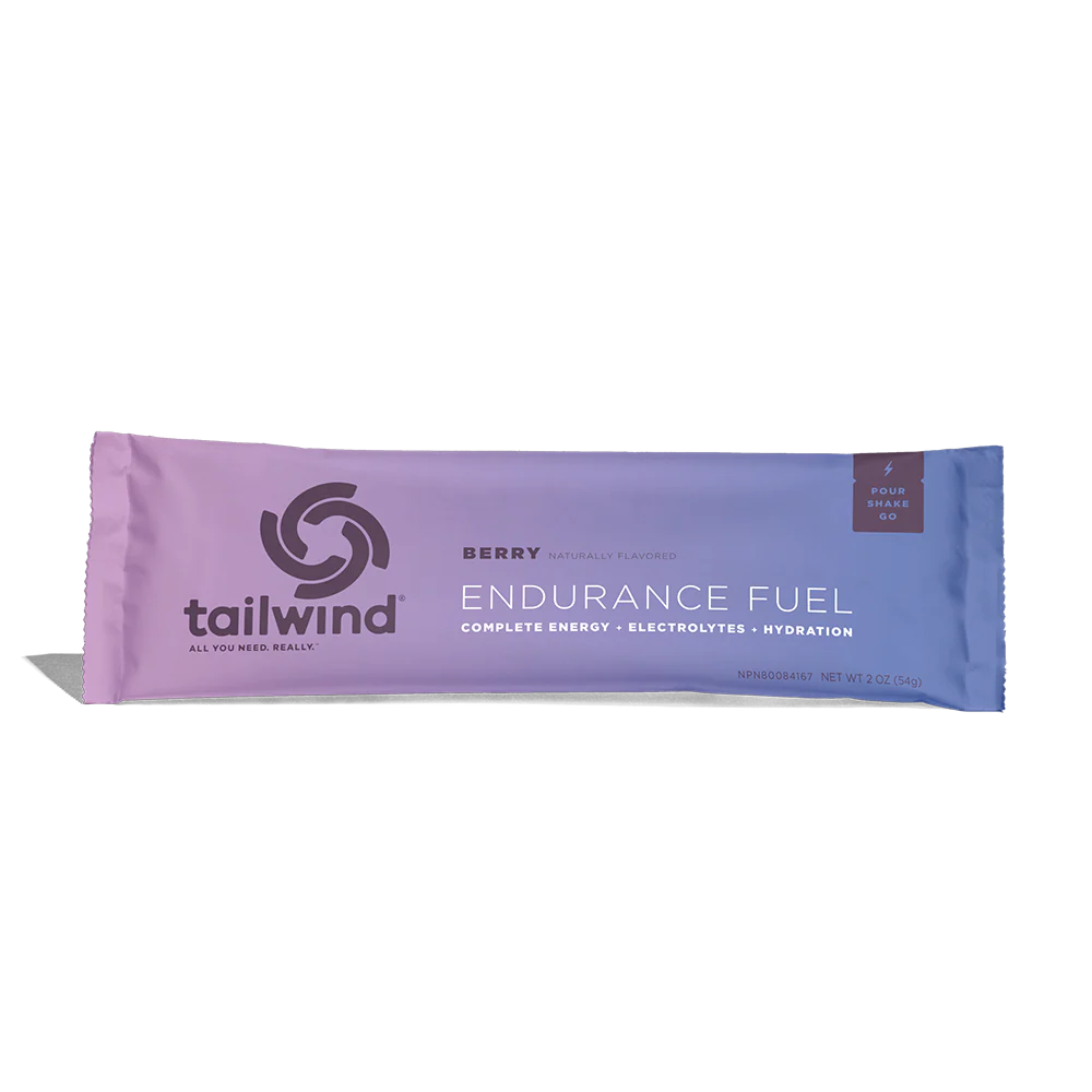 Endurance Fuel Non-Caffeinated Singles by Tailwind in purple and blue, berry flavor hydration and electrolyte nutrition for running and endurance.