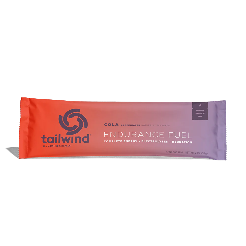 Endurance Fuel Caffeinated Singles in cola by Tailwind, caffeinated nutrition providing energy, electrolytes, and hydration for running and endurance use