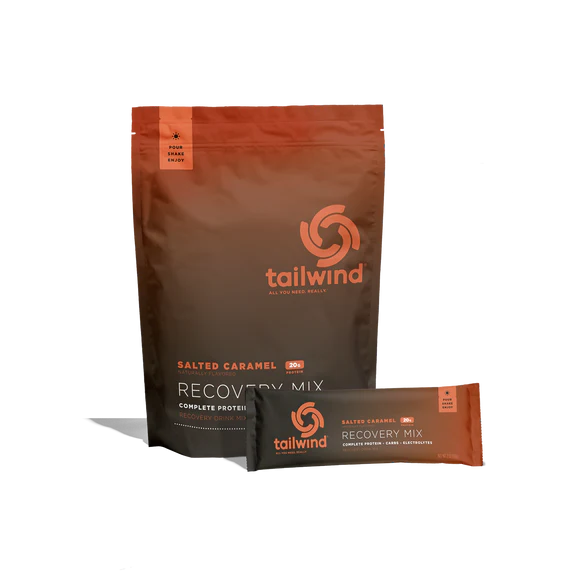 Recovery Mix 20-Serving Bag by Tailwind in brown and orange, salted caramel flavor with carbs, protein, and electrolytes for recovery
