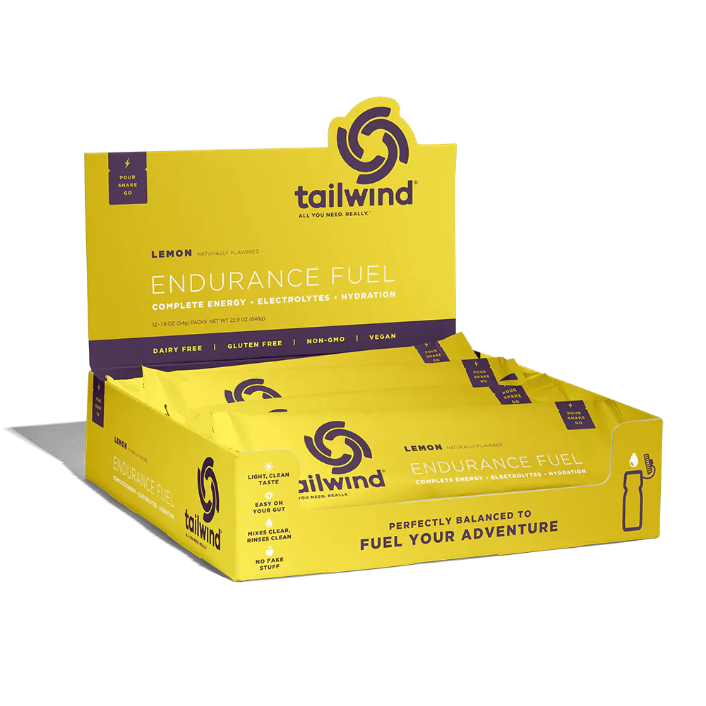 Endurance Fuel Non-Caffeinated Singles by Tailwind in yellow lemon flavor, hydration and electrolyte nutrition for running and outdoor use