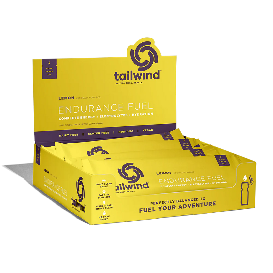 Endurance Fuel Non-Caffeinated Singles by Tailwind in yellow lemon flavor, hydration and electrolyte nutrition for running and outdoor use