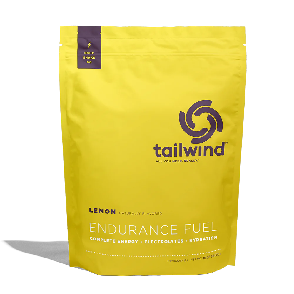 Endurance Fuel Non-Caffeinated 50-Serving Bag by Tailwind in yellow lemon flavor, complete energy hydration mix for running and outdoor use