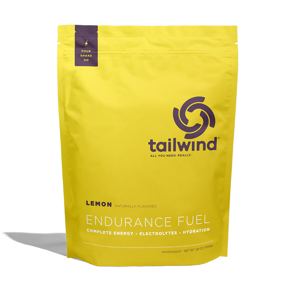 Endurance Fuel Non-Caffeinated 50-Serving Bag by Tailwind in yellow lemon flavor, complete energy hydration mix for running and outdoor use