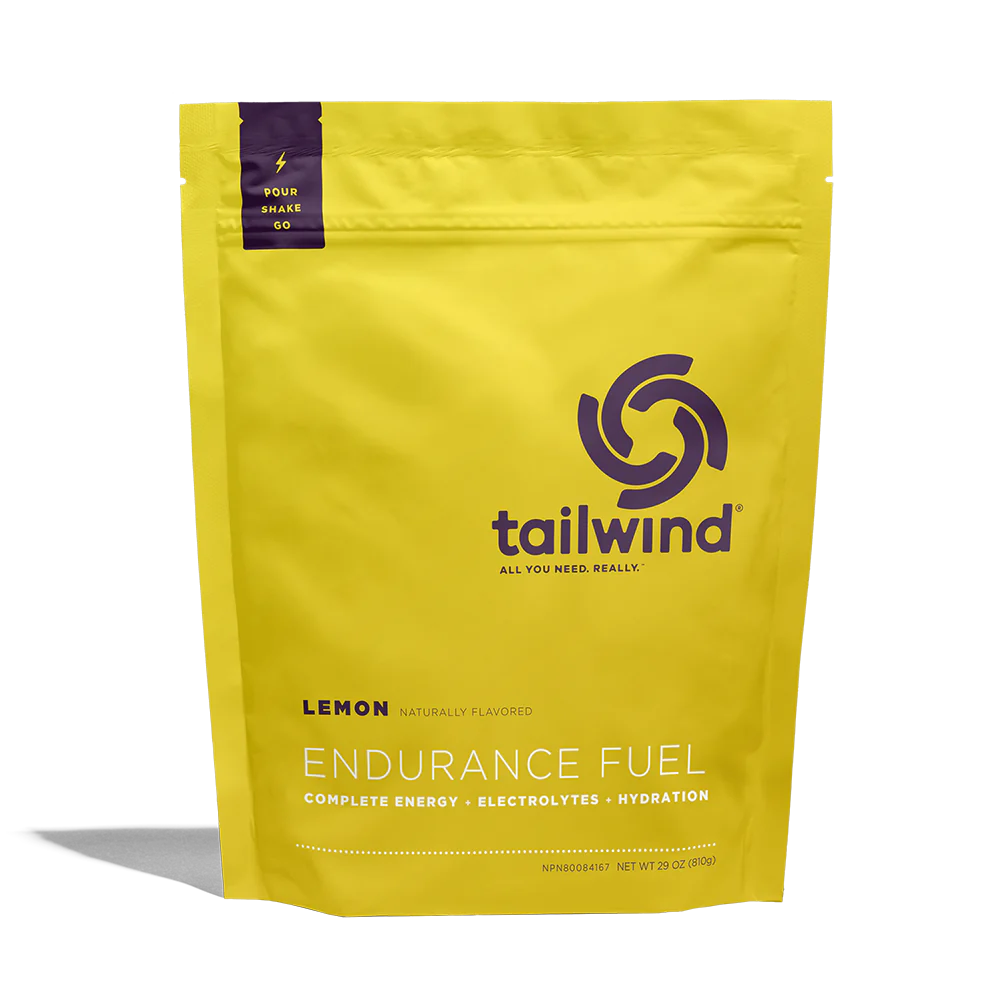Endurance Fuel Non-Caffeinated 30-Serving Bag by Tailwind in yellow lemon flavor, hydration and electrolyte nutrition for endurance running