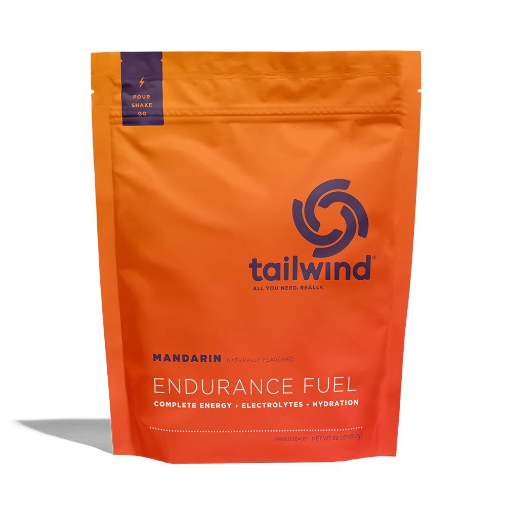 Endurance Fuel Non-Caffeinated 30-Serving Bag by Tailwind in orange, mandarin flavor with hydration, electrolytes, and energy for running and outdoor use