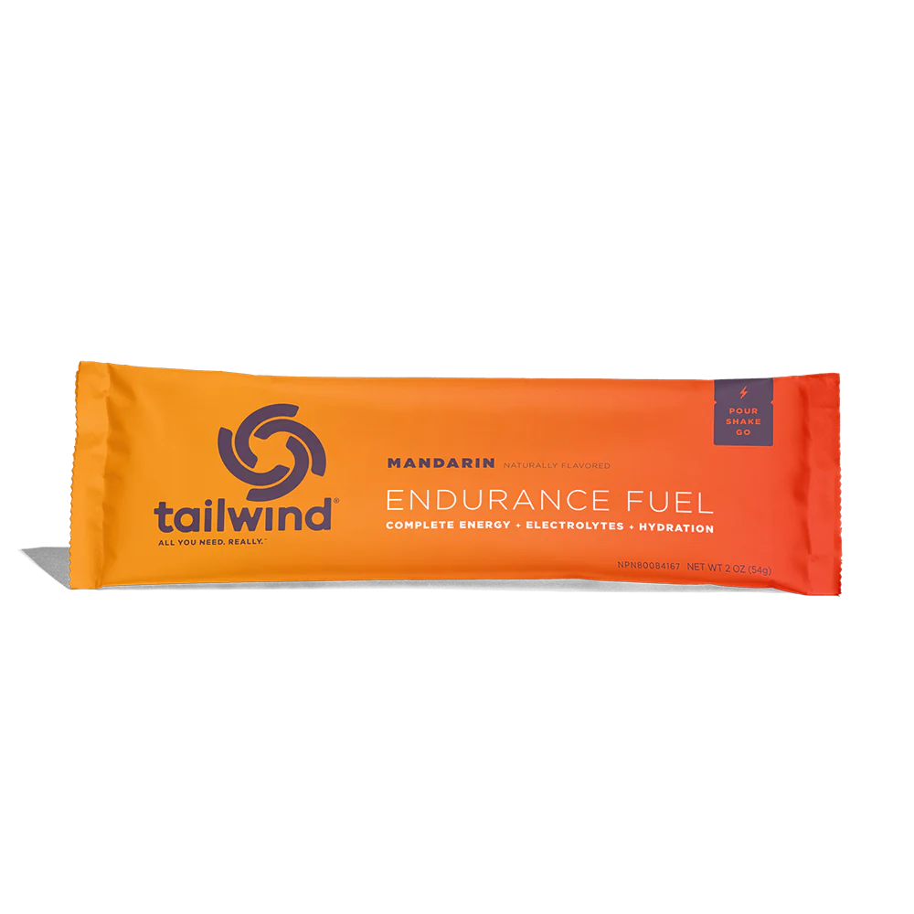 Endurance Fuel Non-Caffeinated Singles by Tailwind in orange and red, electrolyte hydration and calorie mix for running and outdoor use