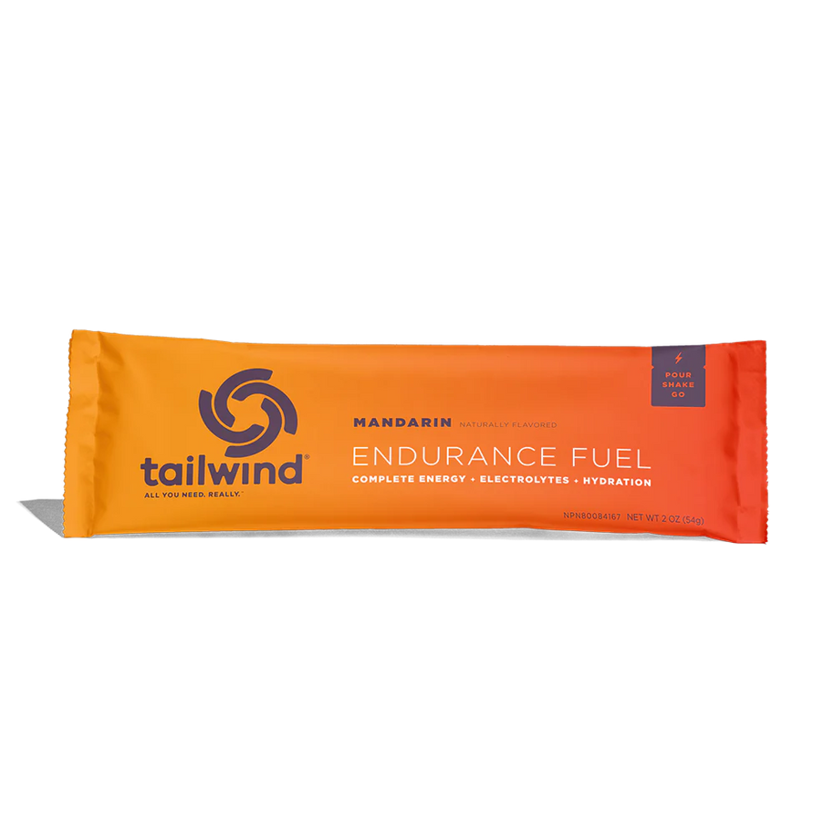 Endurance Fuel Non-Caffeinated Singles by Tailwind in orange and red, electrolyte hydration and calorie mix for running and outdoor use