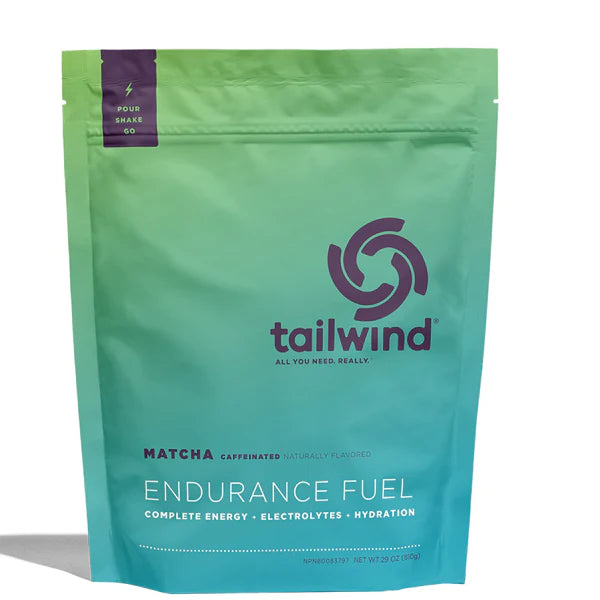 Endurance Fuel Caffeinated 30-Serving Bag by Tailwind in green and teal with caffeine, electrolytes, hydration for endurance running