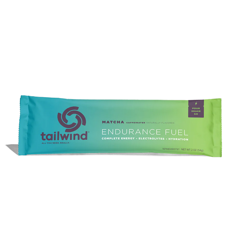 Endurance Fuel Caffeinated Singles by Tailwind in blue and green, caffeinated nutrition for energy, hydration, and electrolytes, ideal for running
