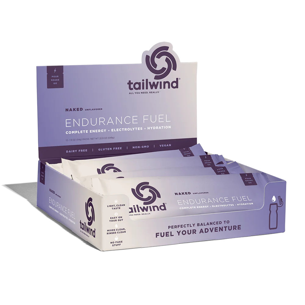 Endurance Fuel Non-Caffeinated Singles by Tailwind in white and purple, hydration and electrolyte mix for energy and stomach comfort during running and outdoor activities