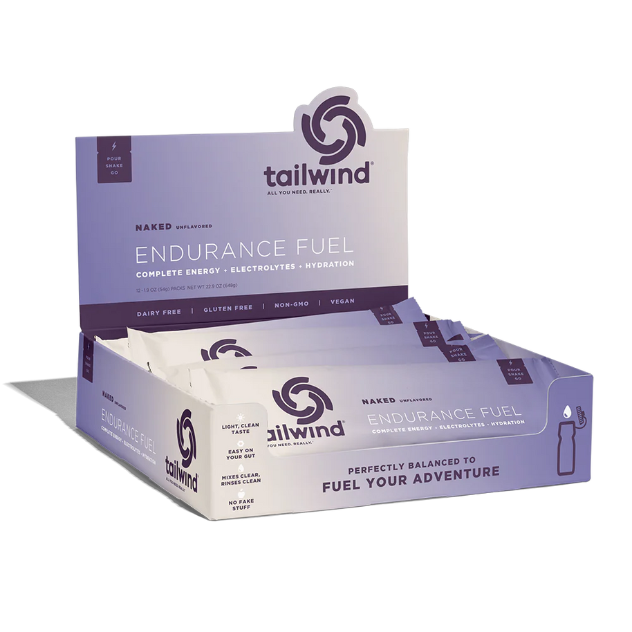 Endurance Fuel Non-Caffeinated Singles by Tailwind in white and purple, hydration and electrolyte mix for energy and stomach comfort during running and outdoor activities