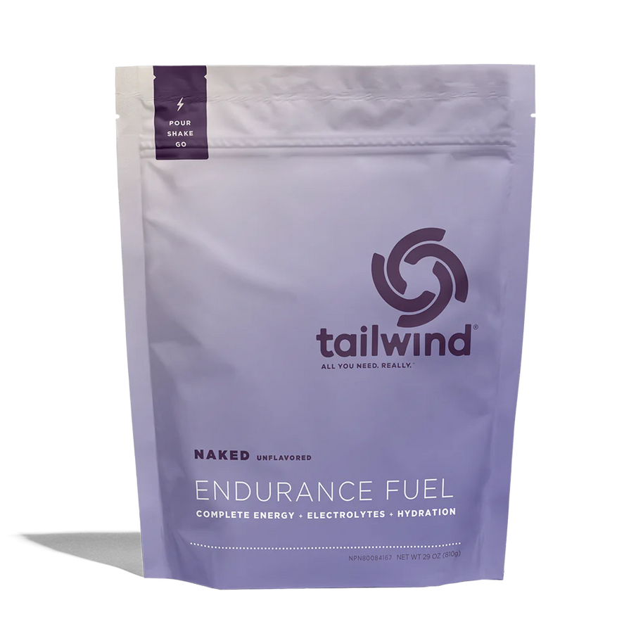 Endurance Fuel Non-Caffeinated 30-Serving Bag by Tailwind in white and purple, unflavored hydration and electrolyte nutrition for endurance athletes