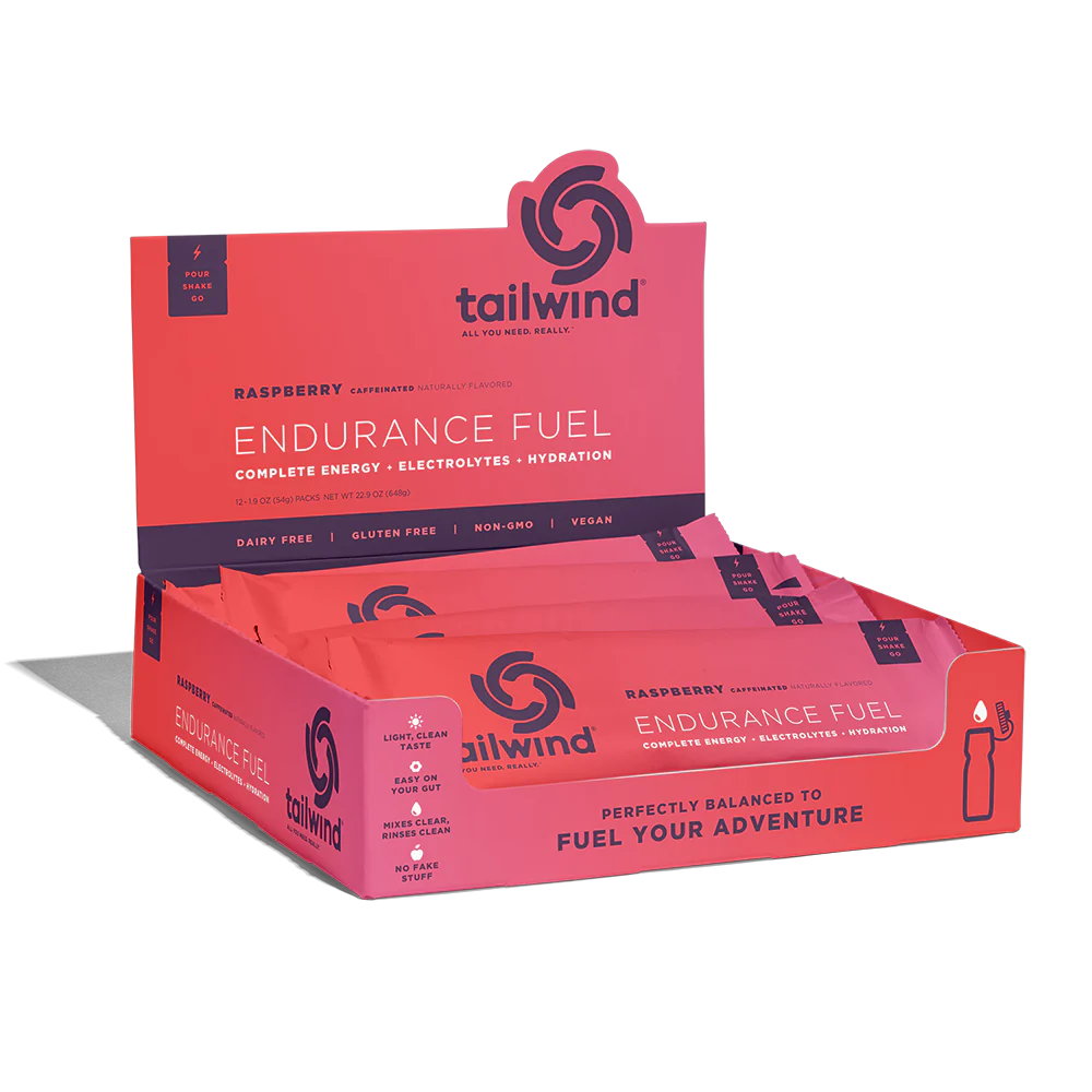 Endurance Fuel Caffeinated Singles by Tailwind in raspberry, caffeinated nutrition for energy, hydration, electrolytes, and endurance fuel