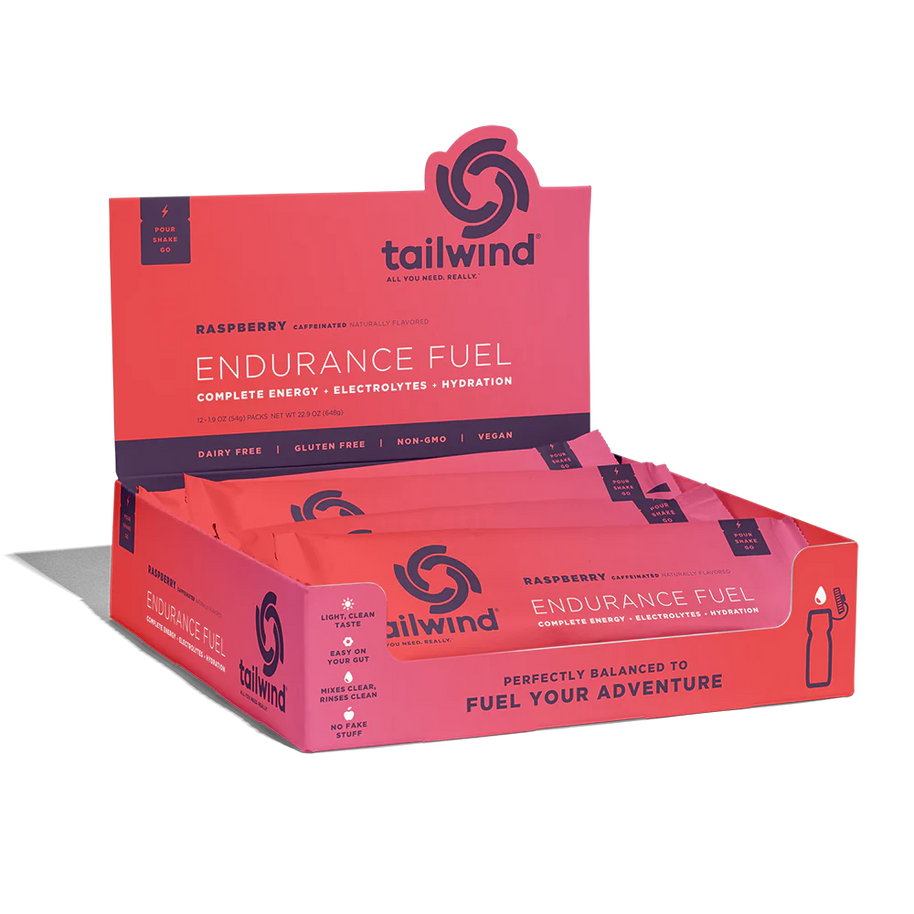 Endurance Fuel Caffeinated Singles by Tailwind in raspberry, caffeinated nutrition for energy, hydration, electrolytes, and endurance fuel