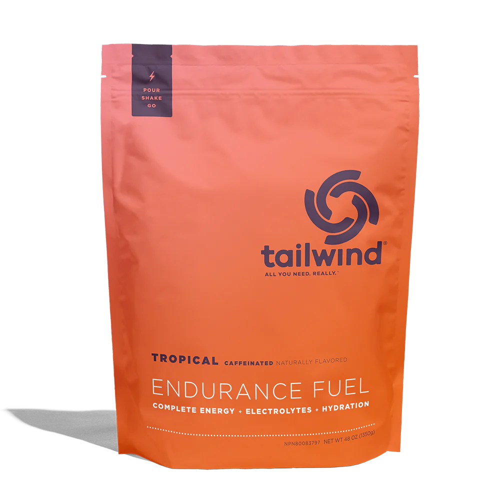 Endurance Fuel Caffeinated 50-Serving Bag by Tailwind in orange, caffeinated tropical flavor for energy, hydration, and electrolytes