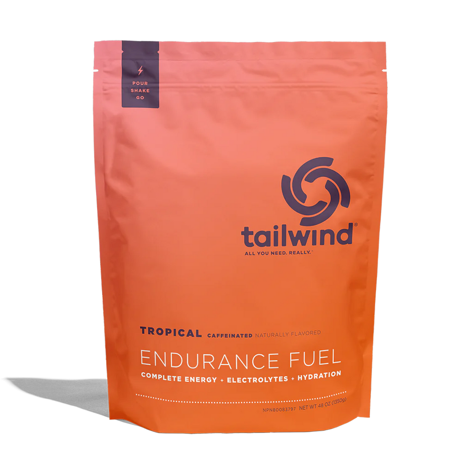 Endurance Fuel Caffeinated 50-Serving Bag by Tailwind in orange, caffeinated tropical flavor for energy, hydration, and electrolytes