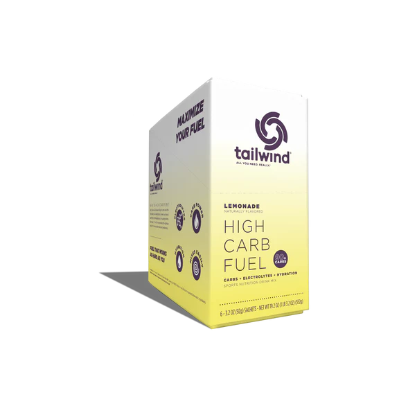 High Carb Fuel lemonade flavor by Tailwind in yellow and white packaging, high carbohydrate sports drink mix for energy and hydration