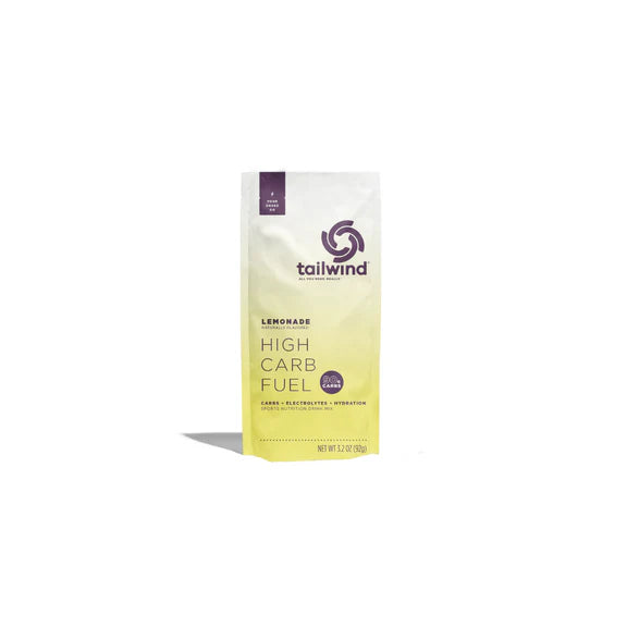 High Carb Fuel lemonade flavor by Tailwind in white and yellow pouch for high-intensity energy with electrolytes hydration