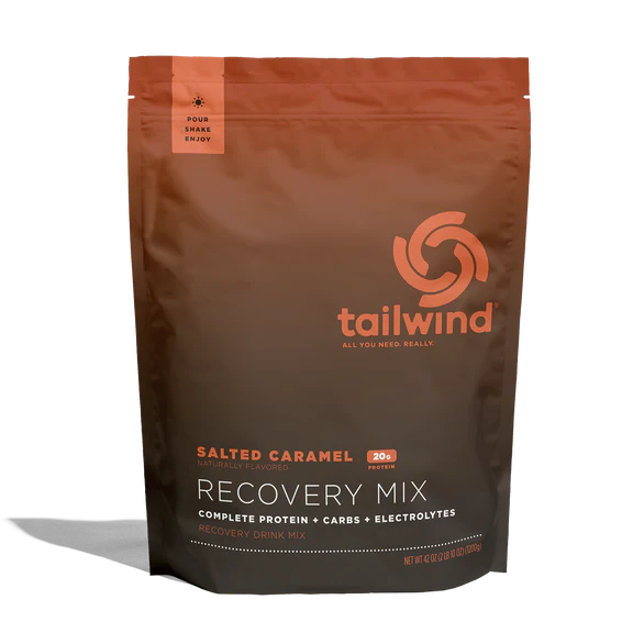 Recovery Mix 20-Serving Bag by Tailwind in brown and orange, salted caramel flavor with protein, carbs, and electrolytes for recovery