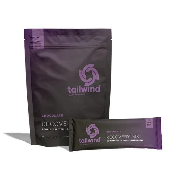 Recovery Mix 20-Serving Bag by Tailwind in dark purple, chocolate flavor with protein, carbs, and electrolytes for post-run recovery