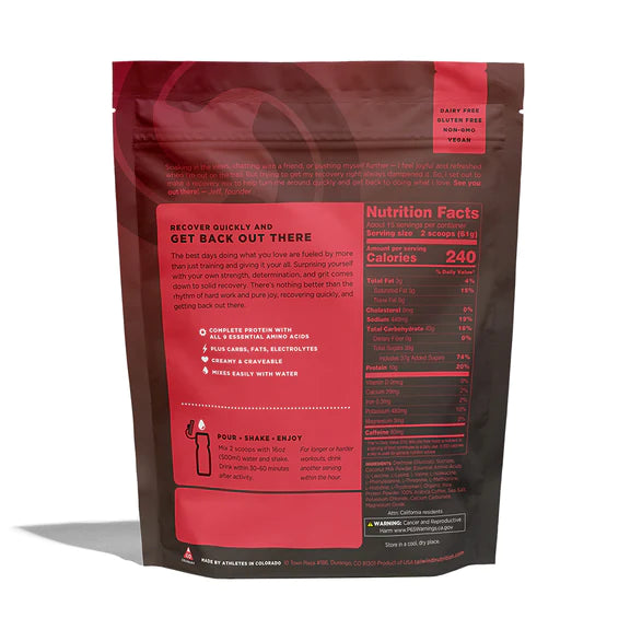 Recovery Mix 20-Serving Bag by Tailwind in red and brown, carb and protein mix with electrolytes, designed for post-exercise recovery