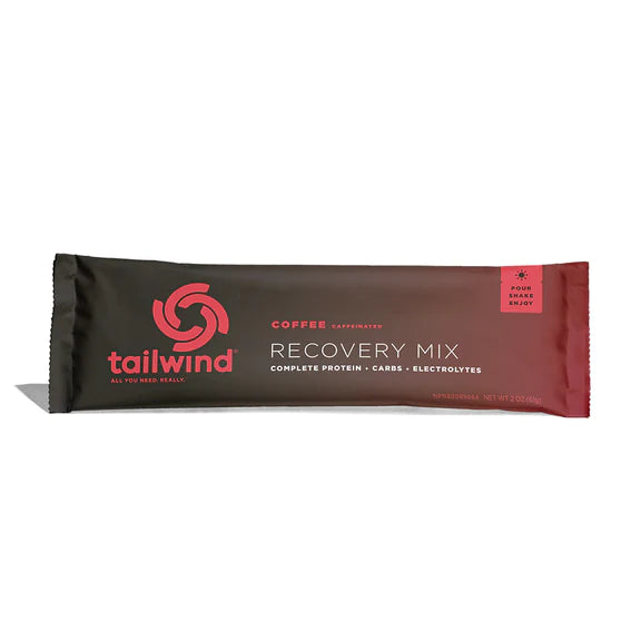 Recovery Mix Singles by Tailwind in brown and red, complete protein, carbs, electrolytes for optimal post-exercise recovery nutrition