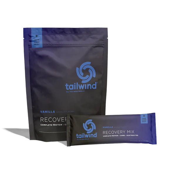 Recovery Mix 20-Serving Bag by Tailwind in black and blue, vanilla flavor with carbs, protein, and electrolytes for post-run recovery