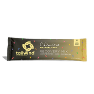 Recovery Birthday Cake (Limited Editon) by Tailwind in black and yellow packaging, protein recovery mix with carbs and electrolytes for runners
