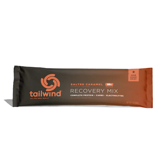 Recovery Mix 20-Serving Bag by Tailwind in black and orange, salted caramel flavor with protein, carbs, and electrolytes for post-run recovery