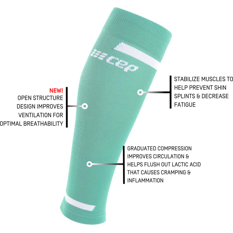 Run Compression 4.0 Calf Sleeves - Women by CEP Sports in teal with medi compression, stabilizing muscles, improving circulation, and breathability.