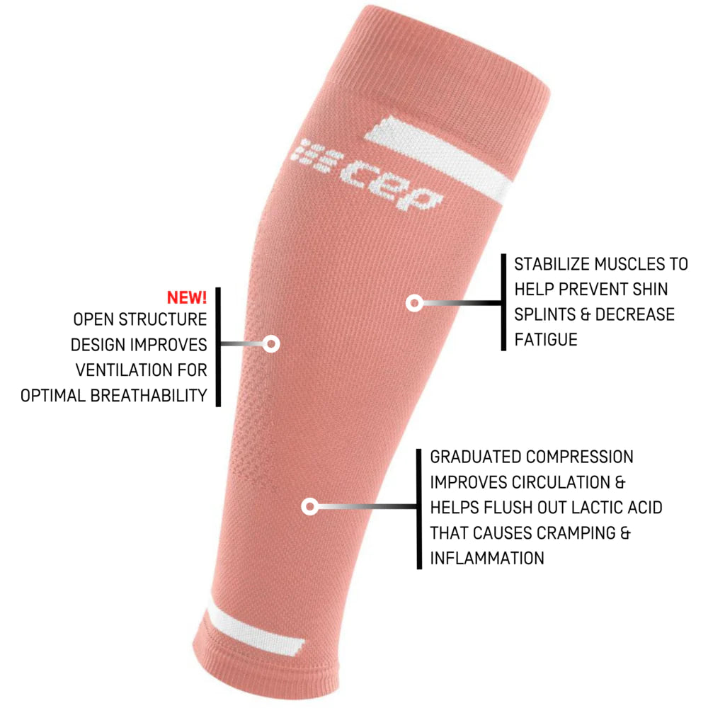 Run Compression 4.0 Calf Sleeves - Women by CEP Sports in coral pink with medi compression for muscle stabilization and improved circulation during running