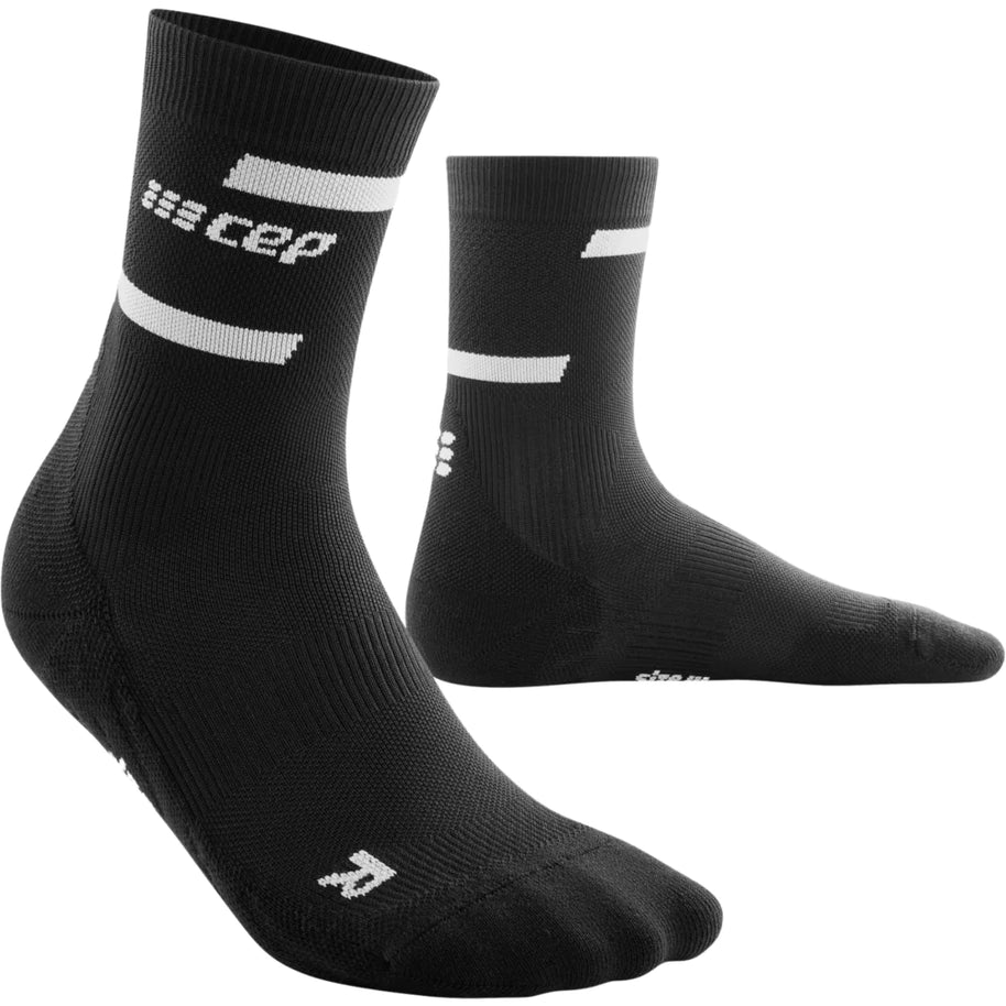 Run Compression Socks 4.0 Mid Cut - Women by CEP Sports in black with white, wrinkle-free compression to stabilize joints and reduce injuries while running