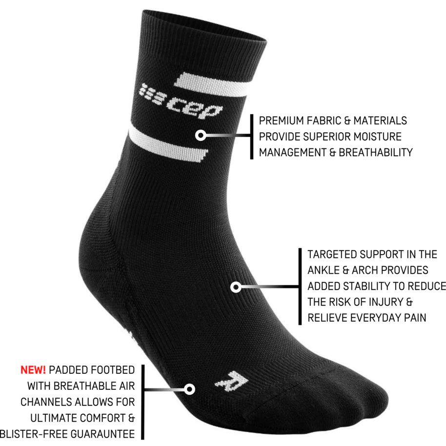 Run Compression Socks 4.0 Mid Cut - Men by CEP Sports in black with moisture-wicking fabric, targeted ankle support, and padded footbed for injury prevention and comfort