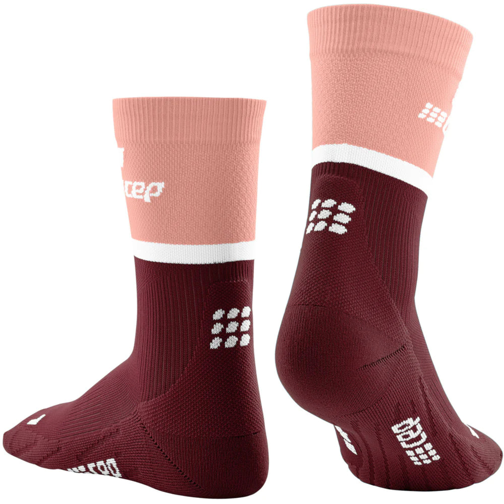 Run Compression Socks 4.0 Mid Cut - Women by CEP Sports in pink and burgundy, wrinkle-free medi compression for joint support and injury prevention