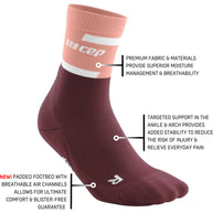 Run Compression Socks 4.0 Mid Cut - Women by CEP Sports in rose and burgundy with ankle support, moisture management, and padded comfort for injury prevention