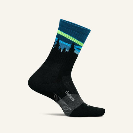 Trail Max Cushion Mini-Crew by Feetures in black and blue with green, cushioned socks designed for hiking and trail running comfort