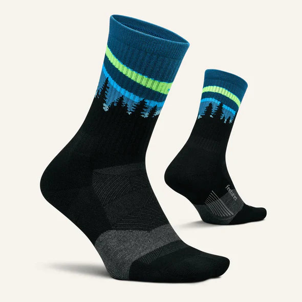 Trail Max Cushion Mini-Crew by Feetures in black with blue and green, cushioned socks for hiking with anatomical design and targeted compression