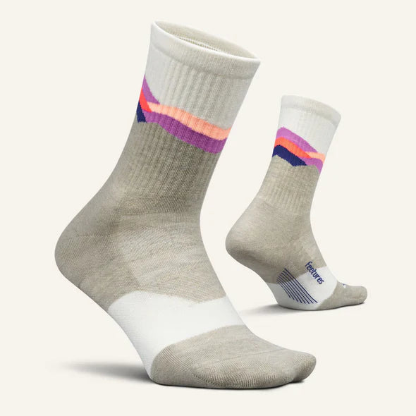 Trail Max Cushion Mini-Crew by Feetures in grey, white, purple, and pink, cushioned socks with anatomical design for hiking and trail runs