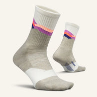 Trail Max Cushion Mini-Crew by Feetures in grey, white, purple, and pink, cushioned socks with anatomical design for hiking and trail runs